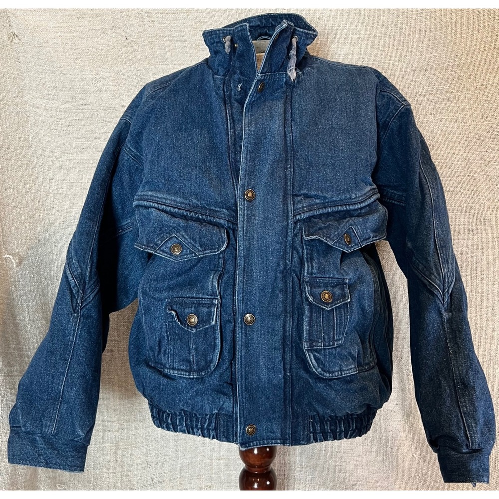 Saugatuck Dry Goods Denim Bomber Jacket Vintage Plaid Lined Blue Large